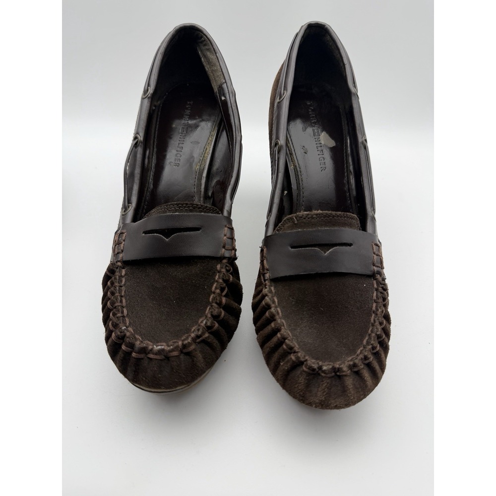Tommy Hilfiger Womens Platform Penny Loafers Heels SZ 9 Brown Leather Old Money